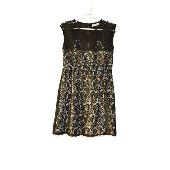 Pinky Ivory Black‎ Lace Crew Neck Sleeveless Mini Fit & Flare Dress Women Size M - Picture 1 of 14